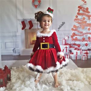 Flickklänningar 6m4t småbarn barn baby flickor juldräkt långärmad röd sammet prinsessa päls klänning med bälte barn Santa Xmas gåvor 2201006