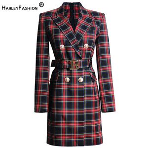 فساتين العمل Harleyfashin Classic England Plaid Printing Women Career Blazer Dresses مع حزام 221006