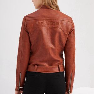 Women's Leather Brown Lambskin Jacket Mandarin Collar Women PU Moto & Biker Coats With Sashes Fall 2022 Fashion Blak Pink Streetwear