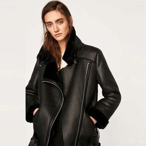 여자 재킷 여성용 블랙 지퍼 슬림 가죽 재킷 코트 여성 가을/겨울 2022 캐주얼 따뜻한 모피 원 오토바이 코트