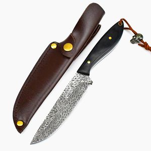 Specialerbjudande C9272 Survival Straight Knife 5CR13Mov Laser Mönster Drop Point Blade Full Tang Wood Handtag Fast Blad Hunting Knives With Leather Mante