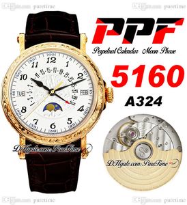 PPF Perpetual Calendar 5960R A324 Otomatik Erkek Saat Ay Evresi 38 Sarı Altın Oyma Gümüş Çiçek Totem Kadran Siyah Roma Kahverengi Deri Super Edition Puretime D4