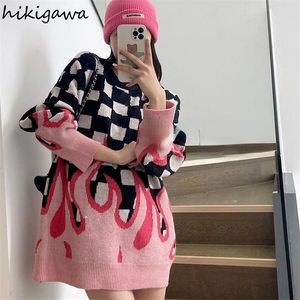 Women's Sweaters Hikigawa Autumn Fashion Sweater for Women Chic Flame Jacquard Knitted Oversized Pullovers Korean Streetwear BF Plaid Jumper 221006