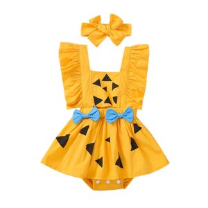 Rompers Baby Girls Halloween Romper Dress Sweet Baby Triangle Print ärmlös rygglös orange jumpsuit och pannband outfit J220922