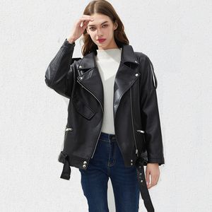 Couro de couro feminino Spring Spring Pu Faux Leather Casaco Mulheres Loose Casual Biker Jackets Sashes Feminino Black Outwear Wear Fashion 220930