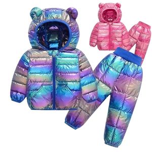 衣料品セット子供用冬の綿パッドジャケットスーツとベルベットのベルベットのベビー服の少女少年衣装温かいパーカーズボン2pcsセット221007