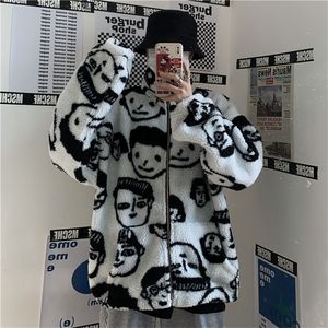 Women's Jackets Korean Winter Harajuku Lazy BF Style Coat Cute Cartoons Printing Full Sleeve Jacket Lambswool Keep Warm Zipper Outerwear 221007