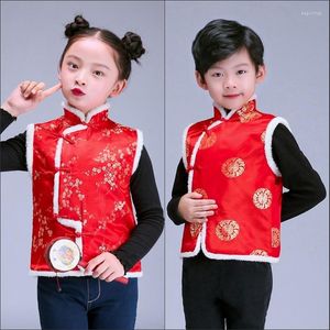 Abbigliamento etnico Bambini Stile tradizionale cinese Anno Ragazzi Cotone Gilet ricamato rosso Ragazze Cheongsam Top Tang Suit