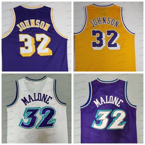 Retro Johnson 32 Basketbol Forması Karl Malone Beyaz Mor Dikişli Erkekler Vintage Formalar