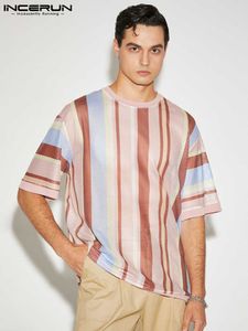Męskie koszulki Summer Men T Shirt Striped Mesh Transpare Of-Neck krótki rękaw