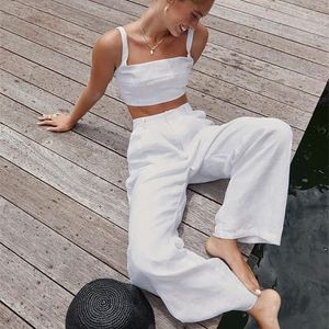 Zweiteilige Damenhose Mnealways18 Baumwoll-Leinen-Frauen-Sommer-Outfit, ärmelloses Crop-Top und Palazzo-Hosen, 2-teiliges Set, weibliches Midriff-Top, Hosenanzüge 221007