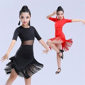 Dancewear Bambini Bambino Ragazze Vestito latino Abiti con frange Salsa Costume Nero Rosso Sala da ballo Abiti da tango in vendita 221007