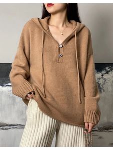 Kvinnors stickor Tees Cashmere Sweater Fallwinter Ladies Vneck Hooded Pullover 100 Pure Wool Loose Casual Knit Top Female Oversize Jacket Thicked 221007
