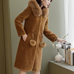 Women's Fur Faux fur granules cashmere sheep sheared coat female one collar hooded autumn and winter long section 221006