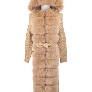 Kvinnors päls faux furyoume Autumn Winter Women Real Coat X Long Casual Fashion Wool Sticked tröja Natural krage Huven Cardigan 221006