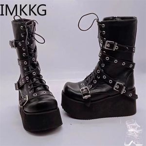 Stivali stivali da moto gotica nera zip tacco alto punk piattaforma piena piattaforma midcalf stivali scarpe scarpe donne de mujer grandi dimensioni 43 221007
