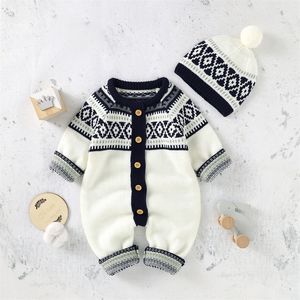 Rompers Baby Rompers Długie rękaw dla niemowląt chłopcy dziewczęta Jumpsuits czapki stroje ubrania jesienne zimowe dzianiny Urodzony kostiumy Sweters 221007