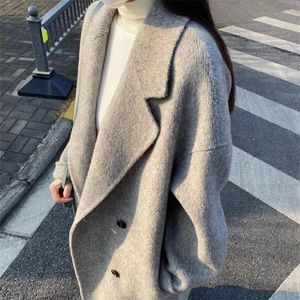 Kadın yün harmanları kış kore tarzı çift göğüslü alpaka 95% yün uzun palto kadınlar el yapımı gevşek pembe gri yün ceket 221007
