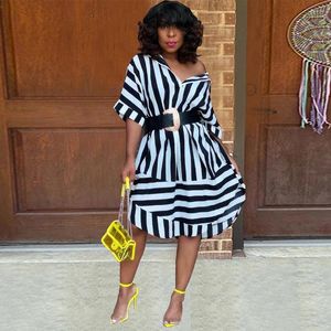 Casual Dresses Black White Striped Women&#39;s Shirt Dress Fashion Turn Down Collar Half Sleeve Vestido Office Lady Loose Knee Length