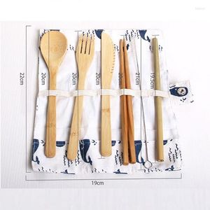 Flatware Sets Reusable Bamboo Straw Spoon Fork Knife Chopsticks Cleaning Brush With Cloth Bag Tableware Set WB817