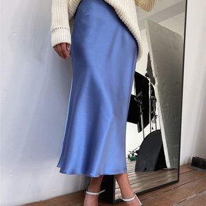 Fritidsklänningar Tataria Silk Satin Kjolar för kvinnor Hög midja A-linje Elegant Sommar Rosa Midi Koreansk stil 221007