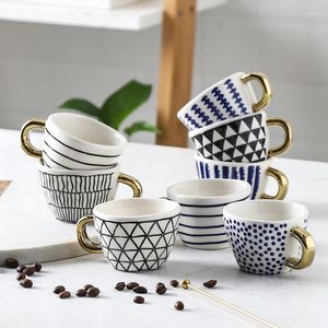 Tassen Eworld Mini handbemalte Espresso-Kaffeetasse mit goldenem Griff, Keramik, handgefertigt, kreativ, Latte, unregelmäßiges Getränk
