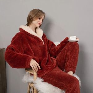Women's Sleepwear Pajama Sets Solid Long Sleeve Winter Woman Fluffy Pijama Suit with Pants Thick Warm Fleece Home Clothes for Female 221007