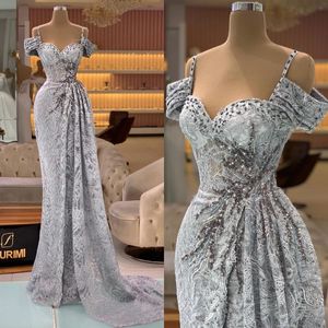 Gray Mermaid Evening Dresses Off The Shoulder Spaghetti Straps Lace Designer Beaded Custom Made Formal Ocn Wear Arabic Prom Gown Vestidos 401