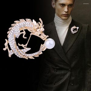 Brooches Fashion Full Of Rhinestone Chinese Dragon Brooch Pearl Animal Lapel Pin Badge Men Medal Clothing Accessories Gifts For