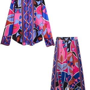 Women's Two Piece Pants TRAF Casual Summer Women Geometric Print Suits Outfits 2 Piece Sets Long Sleeve High Low Hem Shirt Pants Tall 221007