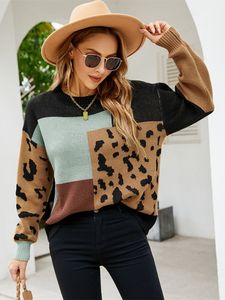 Las mujeres tejen las camisetas de las señoras del remiendo del leopardo de gran tamaño sueltan el suéter del otoño del invierno de las mujeres de punto superior de los jerseys de las mujeres suéteres femeninos de punto 221007