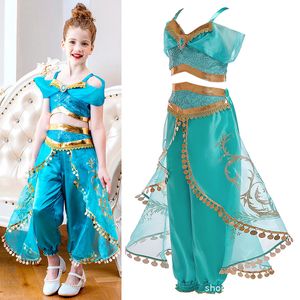 Blue Styles Mädchen Jasmine Cosplay 2-teiliges Kleidungsset Schönes grünes und goldenes Prinzessinnenkleid Mädchen Party Bühnentanzkleidung