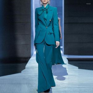Kvinnors tv￥delade byxor Runway Women's Blazer Suits Blue Long Sleeve Shirt Pant Suit 3st Set 210918llj06