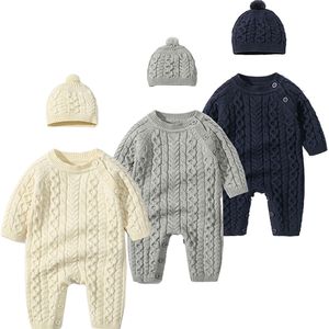 Rompers Baby Rompers Caps Clothes Sets born Girl Boy Knitted Jumpsuits Outfits Autumn Winter Long Sleeve Toddler Infant Overalls 2pcs 221007