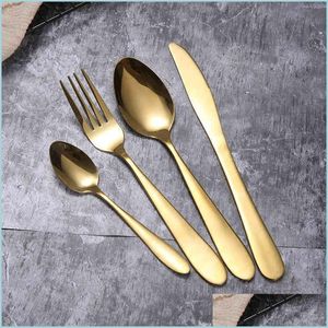 Flatware Sets Gold Cutlery Knife Flatware Set Stainless Steel Tableware Western Dinnerware Fork Spoon Steak Travel 4Pcs/Set Bdesybag Dho0S