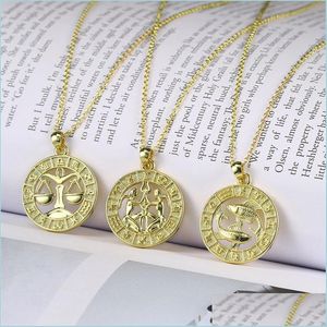 Pendant Necklaces Horoscope Zodiac Sign Gold Color Pendant Necklace Aries Leo 12 Constellations Statement Jewelry Punk Vintage Choker Dh6Ps