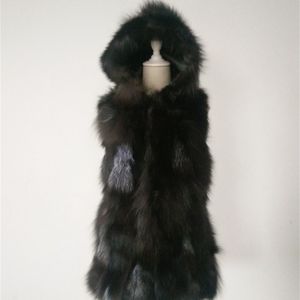 Women's Fur Faux Real natural genuine fur vest with hood women fashion sliver gilet jackets ladies over coat outwear 221006
