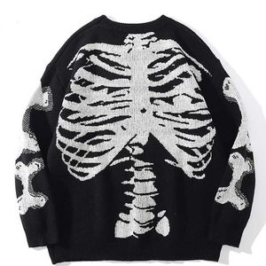 Sweaters Men Oversized Black Loose Skeleton Bone Print Women Vintage Retro Knitted 2021 Autumn Cotton Pullover Unisex Y2210