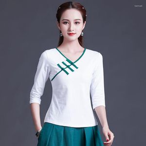 Etniska kl￤der cheongsam kvinnors plus storlek korta toppar 2022 sommar bomullsblandning knapp skarvning smal passform kinesisk qipao skjortor kvinna