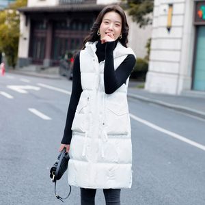 Women's Vests 0457 Black White Grey Purple Long Vest Women With Hooded Slim Winter Vest Warm Sleeveless Jacket Pockets Down Cotton Waistcoat 221007