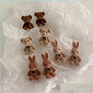 Stud Flocking Plush Rabbit Bear Studs Kolczyki Kawaii Brown Khaki Pierścienie zwierząt dla kobiet Dziewczyny Naszyjnik Prezenty 68 D3 Drop Deliv DH0PA