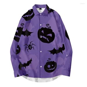 Camisas casuais masculinas Spring Autumn Halloween Purple Print Shirtlewear 2022 Menção comprida masculina Botton de colar