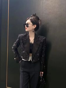 Женщины выключают воротничную куртку Paillette Shinny Bling Sequined Sequined Короткое пальто плюс размер SML