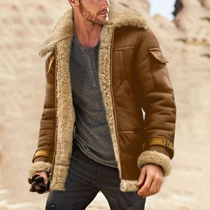 Men's Hoodies Men's & Sweatshirts Men Winter Coat Lapel Collar Long Sleeve Padded Leather Jacket Vintage Thicken Sheepskin Large Mens