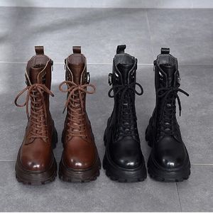 2022 New Women Winter Genuine Leather Boots Thick Sole British Style Autumn Warm Shoes Non-slip Platform Boots Da04