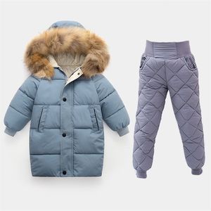 Giyim Setleri Moda Kış Erkek Kızlar Down Ceket Erkek Giyim Setleri Sıcak Mi Palto Pantolon 2 PCS Bebek Çocuk Kıyafetleri Unisex Furry Hood Ceket 221007