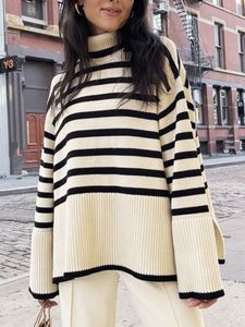 Women's Knits Tees Ladies Autumn Winter Turtleneck Sweater Women Pullover Tops Clothes Black White Striped Loose Casual Sweater Jumpers Female 221007