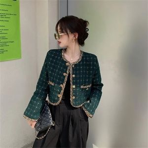 Womens Jackets Vintage Green Plaid Tweed Cropped Jacket Women Fall Elegant Single Breasted Short Coat Gold Line Design Long Sleeve Outerwear 221007
