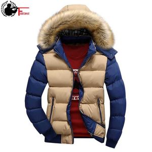 Parkas masculinas marca 2022 jaqueta de inverno homens grossos quentes retalhos casacos parkas gola de pele com capuz destacável boné fino splice casaco outerwear masculino t221006