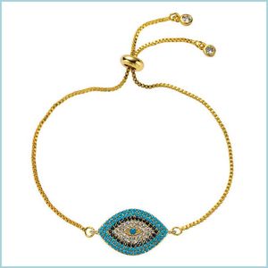 Charm Armbänder Türkischer böser Blick Armband Pave Cz Kubikzircon Blau Gold Farbe Kette Charm Armbänder Einstellbare Frauen Party Armreif Je Dhhsr